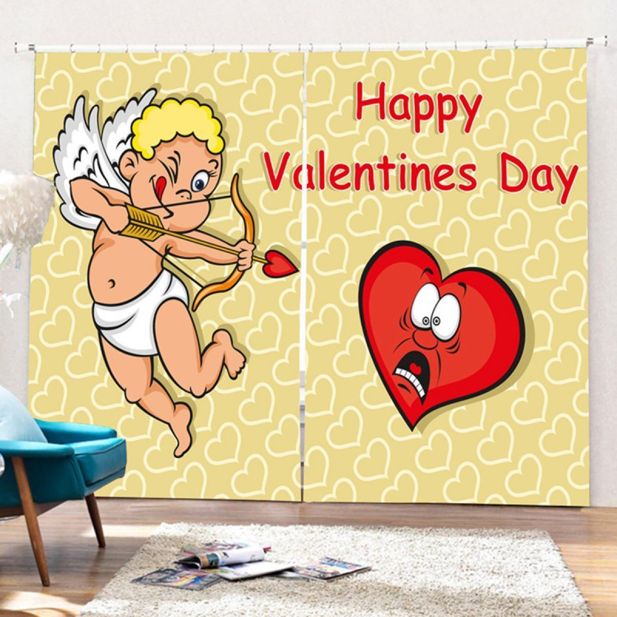 Angel And Heart Happy Valentine's Day Printed Window Curtain Home Decor