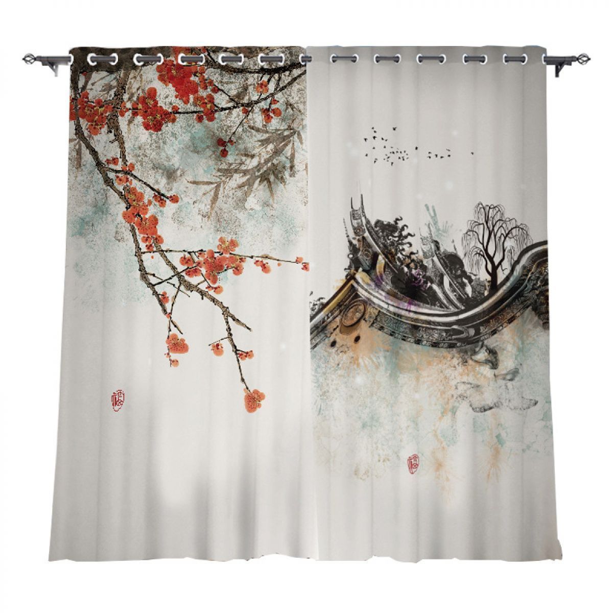 Angled Cornices And Plum Blossom Printed Window Curtain Home Decor