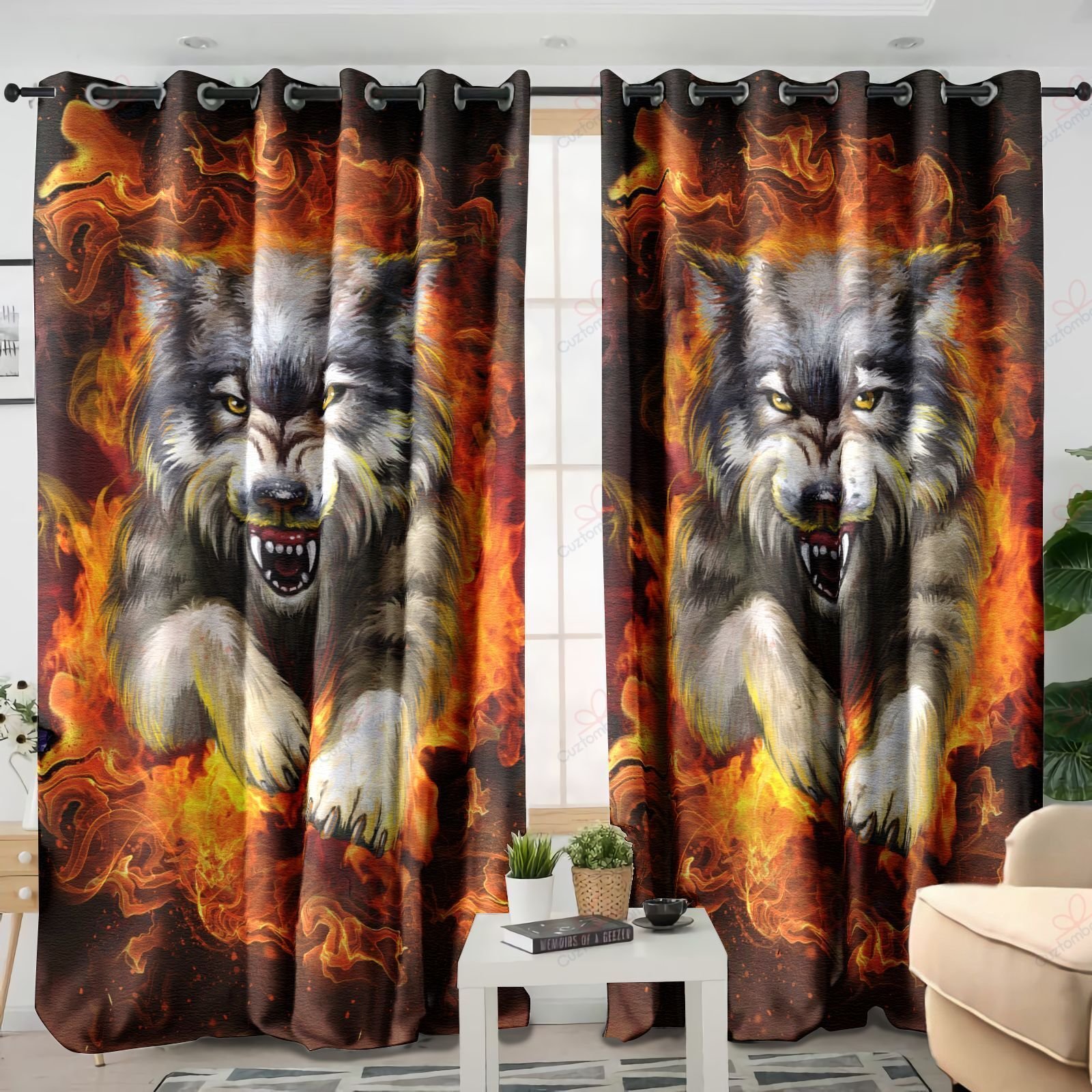 Angry Wolf Fire Printed Window Curtain Home Decor