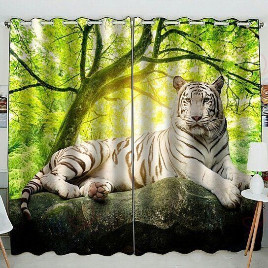 Animal White Tiger With Green Tree Printed Window Curtain Home Decor
