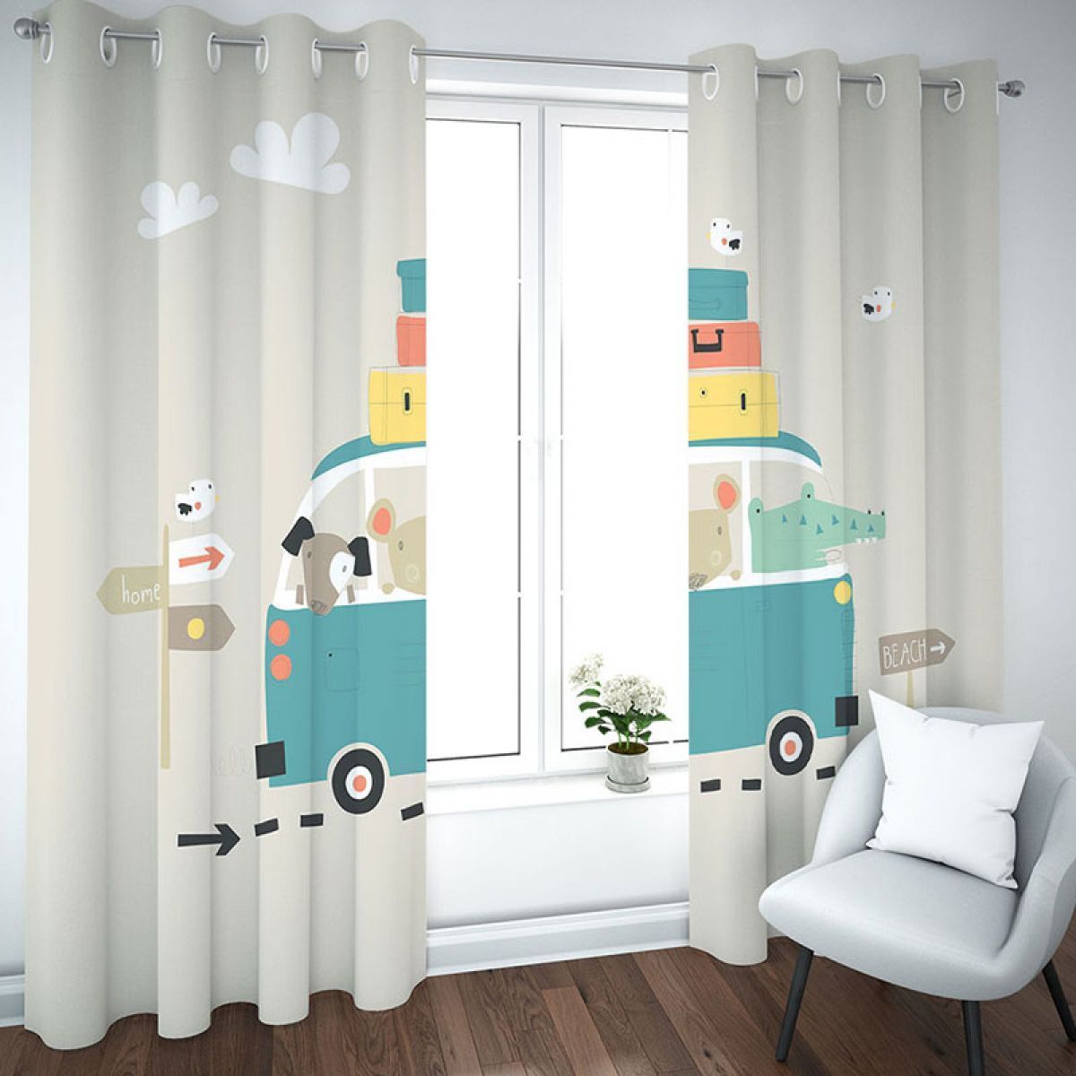 Animals Driving Car Bue And Grey Printed Window Curtain Home Decor