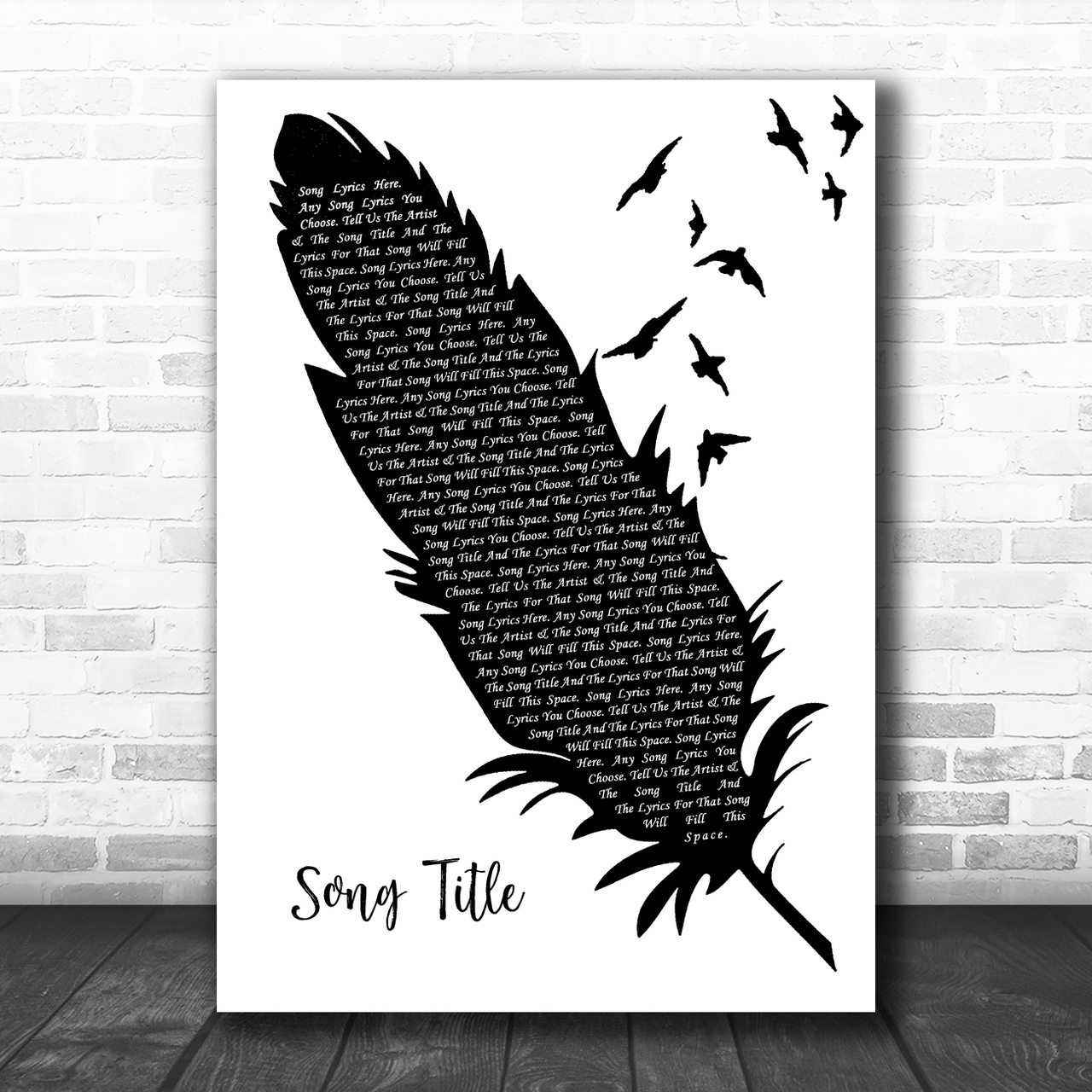 Any Song Custom Black & White Feather & Birds Personalized Lyrics Print