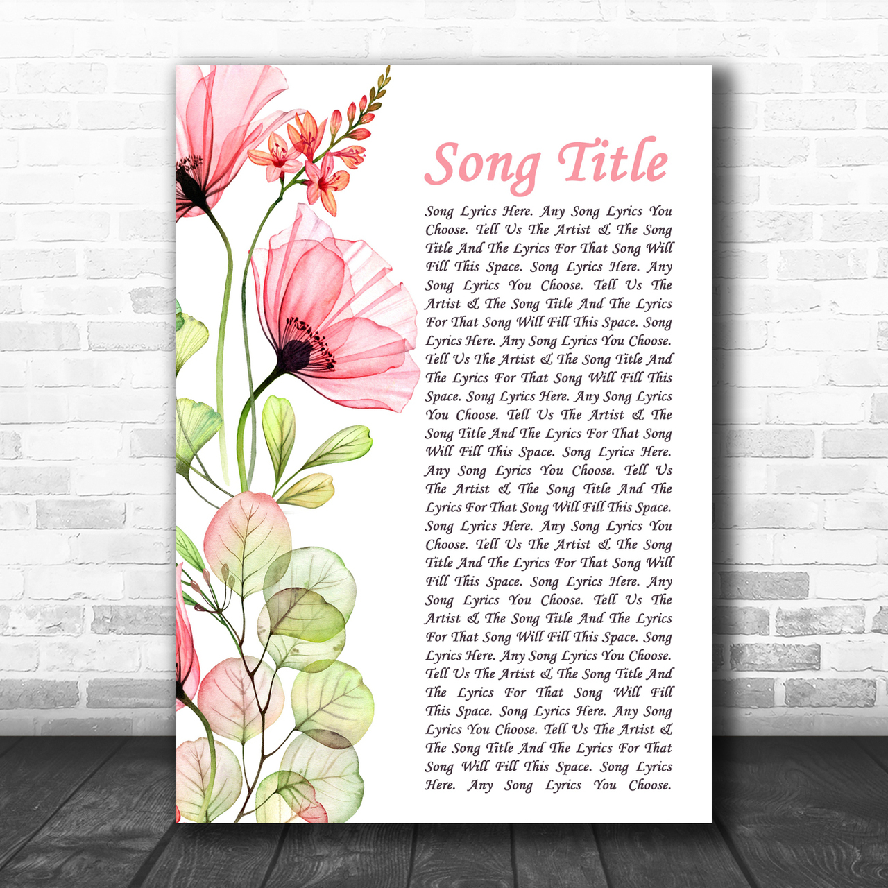 Any Song Lyrics Custom Floral Poppy Side Script Song Lyric Print