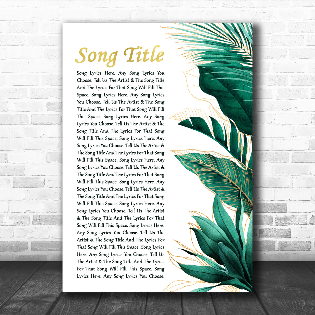 Any Song Lyrics Custom Gold Green Botanical Leaves Side Script Song Lyric Print