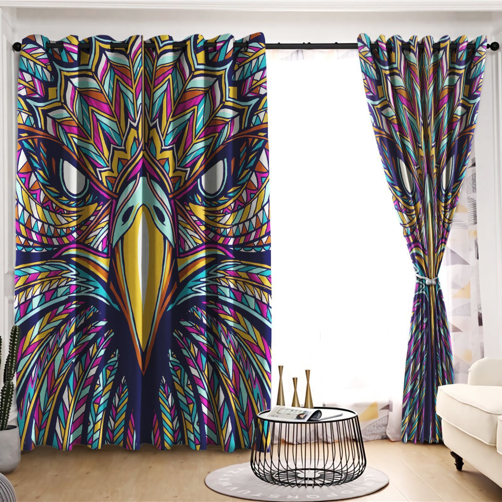 Appealing Eagle With Colorful Pattern Printed Window Curtains Home Decor