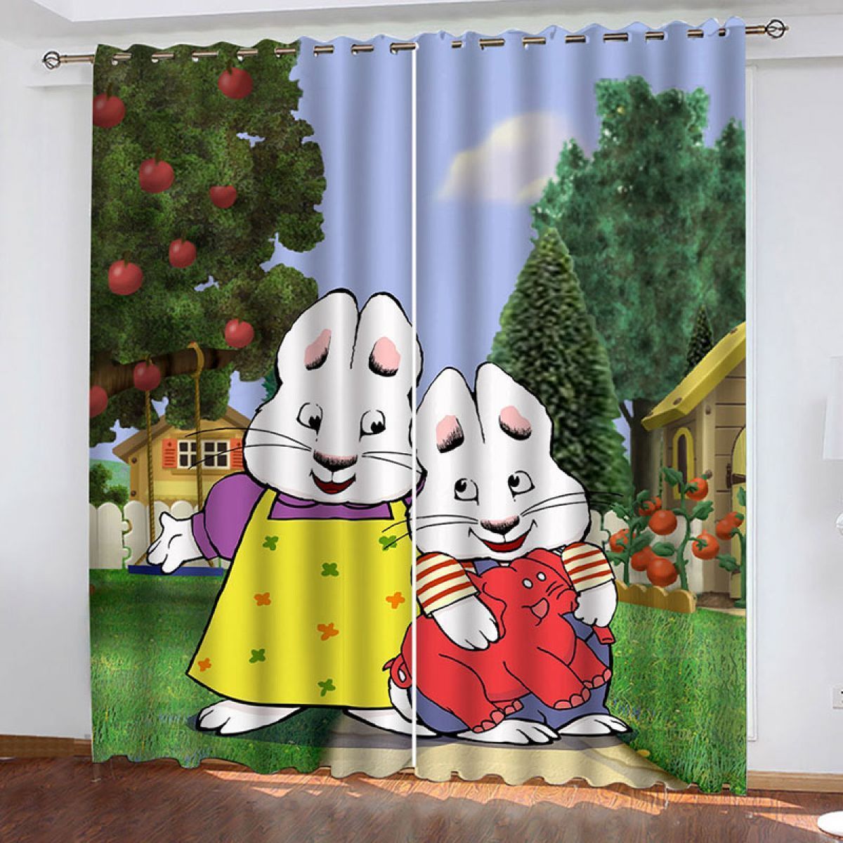 Apple Tree Cartoon Rabbits Printed Window Curtain Home Decor