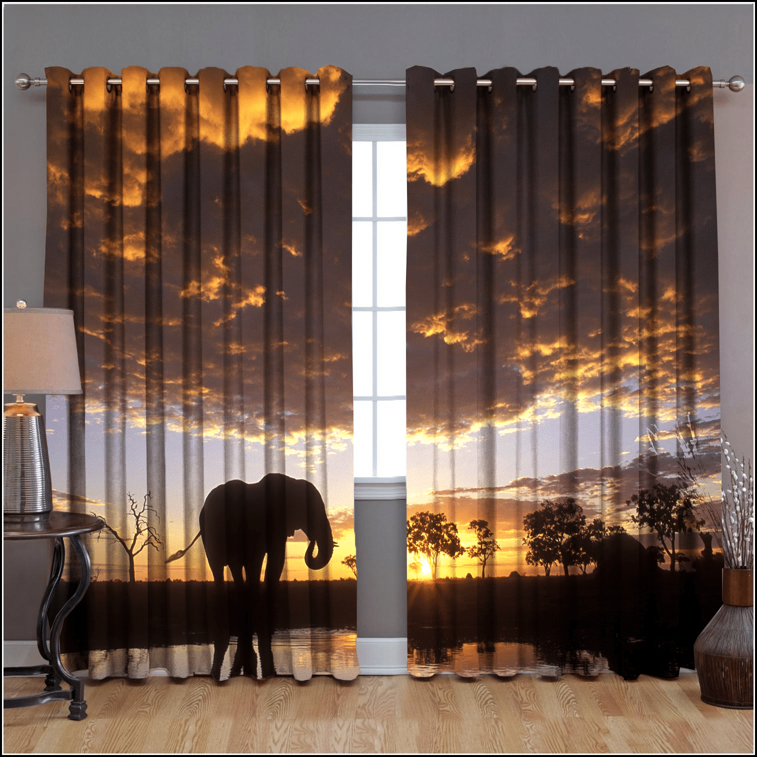 At Dawn Elephants Great Nature Printed Window Curtain