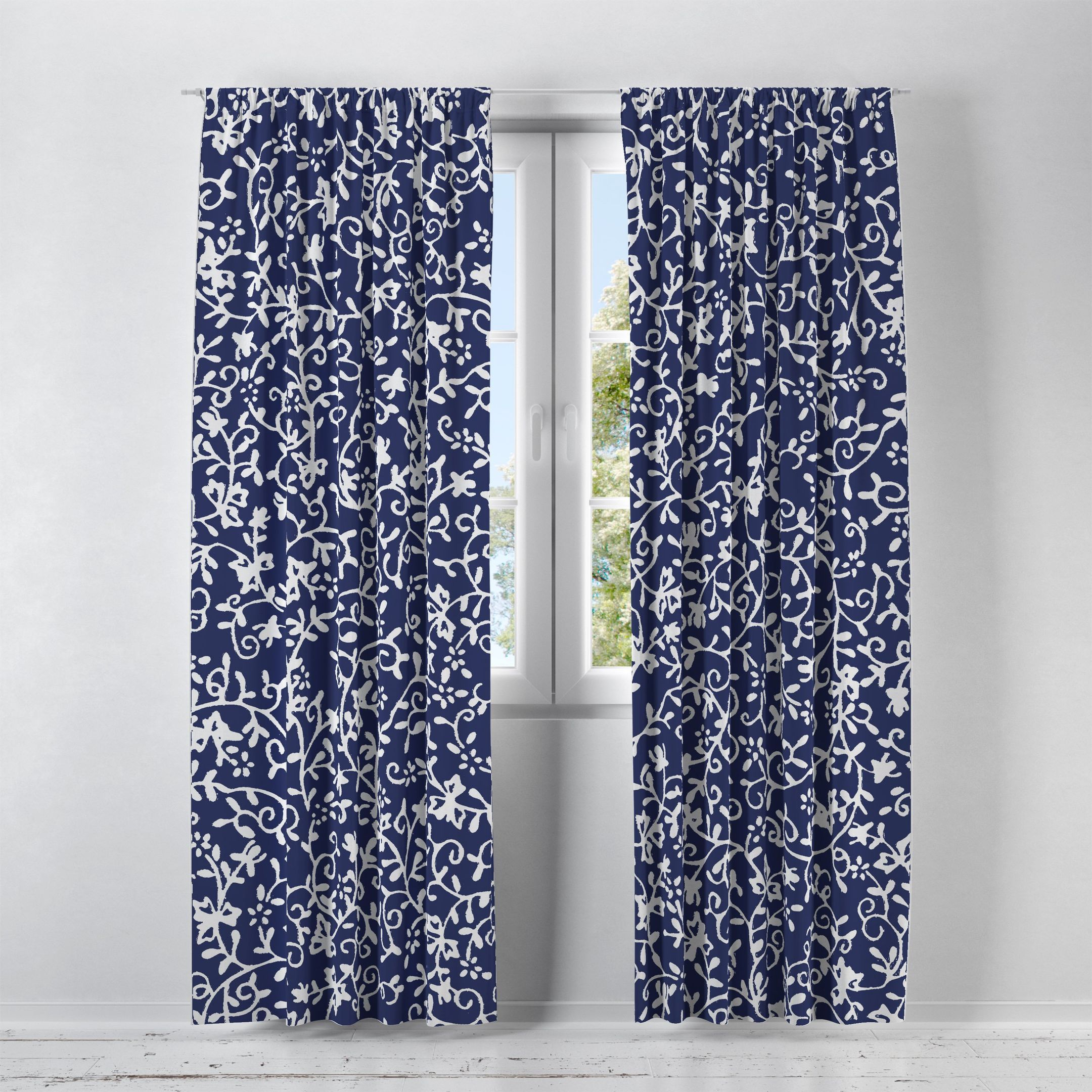 Attractive  Navy Blue White Vines Printed Window Curtains Home Decor
