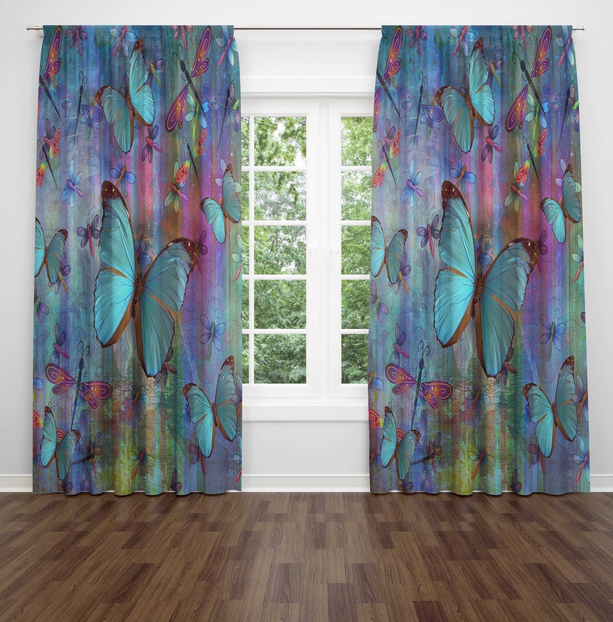 Attractive Blue Butterfly and Dragonfly Window Curtains