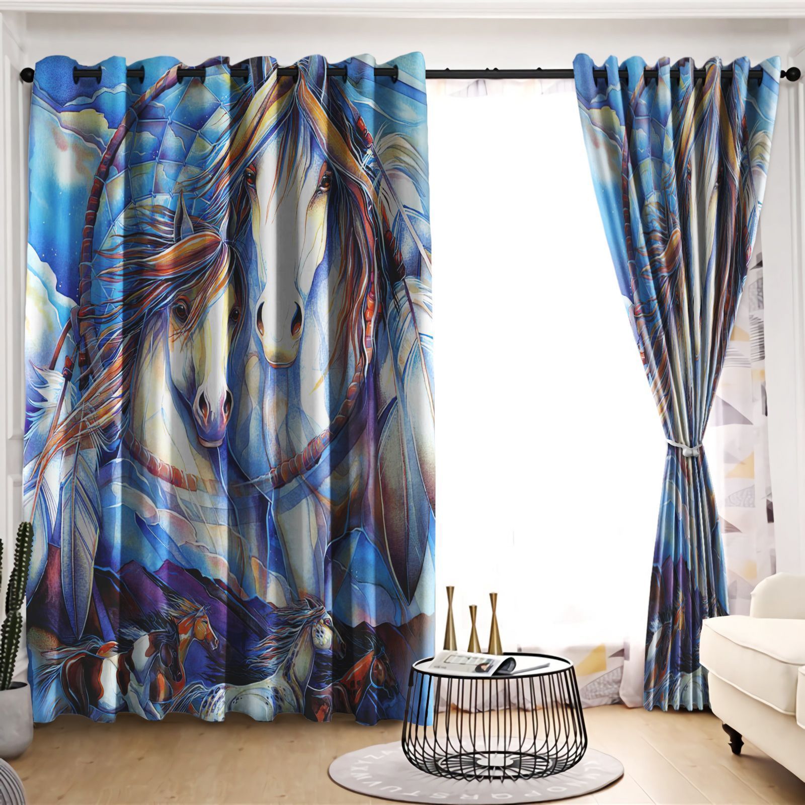Attractive Horse With Blue Theme Printed Window Curtains Home Decor