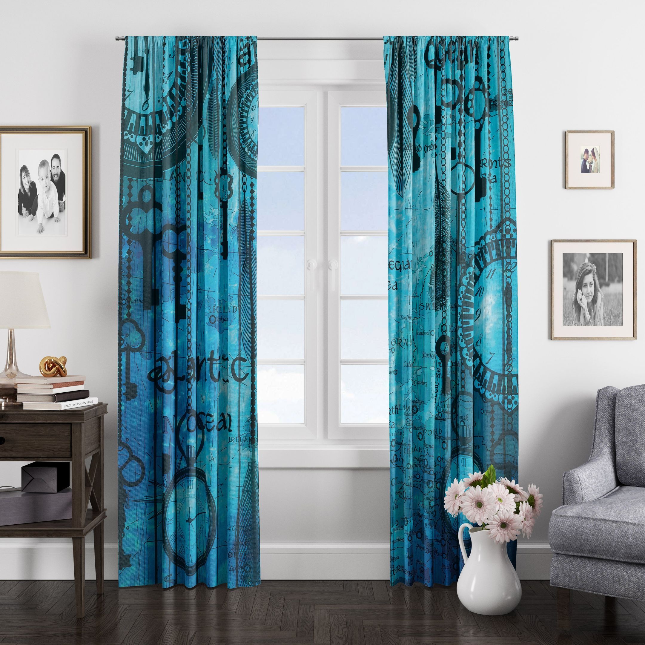 Attractive Steampunk  Ocean Blue Printed Window Curtains Home Decor
