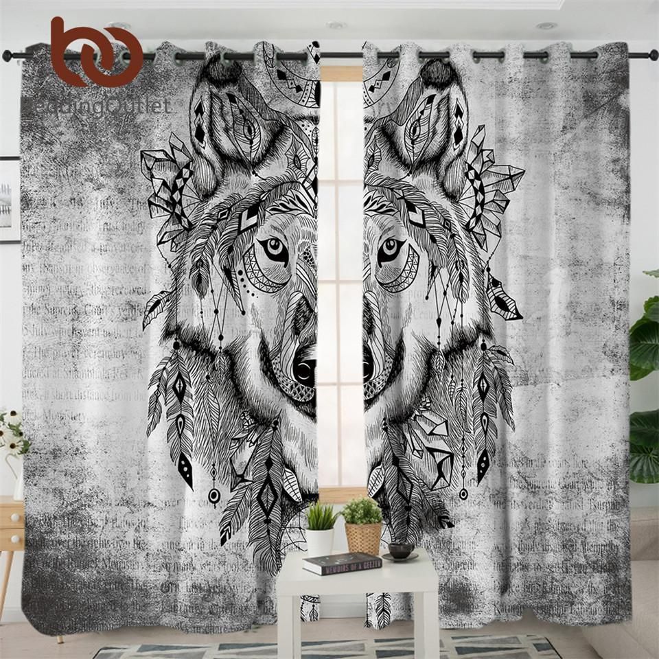Attractive Tribal Wolf American Printed Window Curtains Home Decor