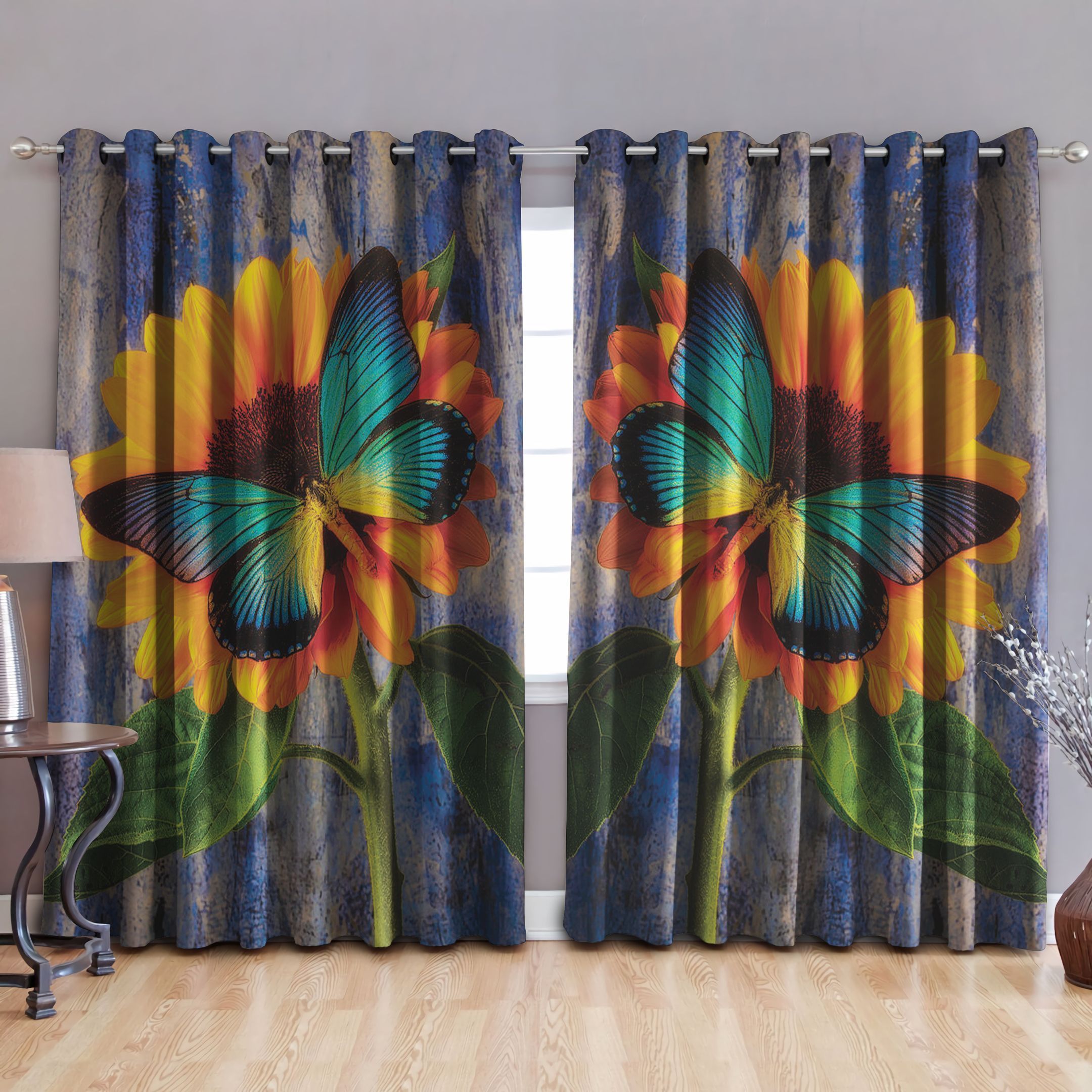 Awesome Butterfly Sunflowers Printed Window Curtain Home Decor