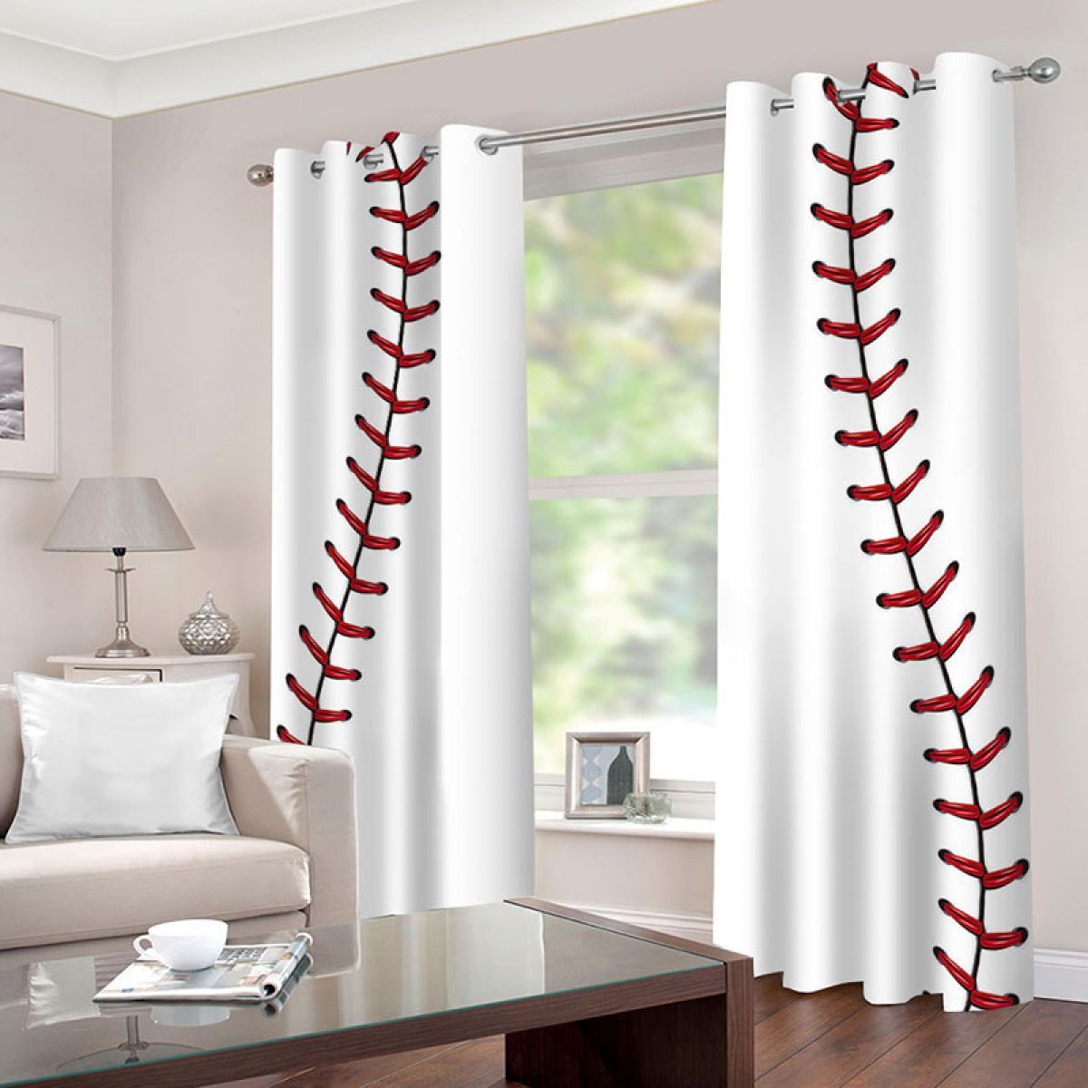 Baseball White And Red Printed Window Curtain Home Decor