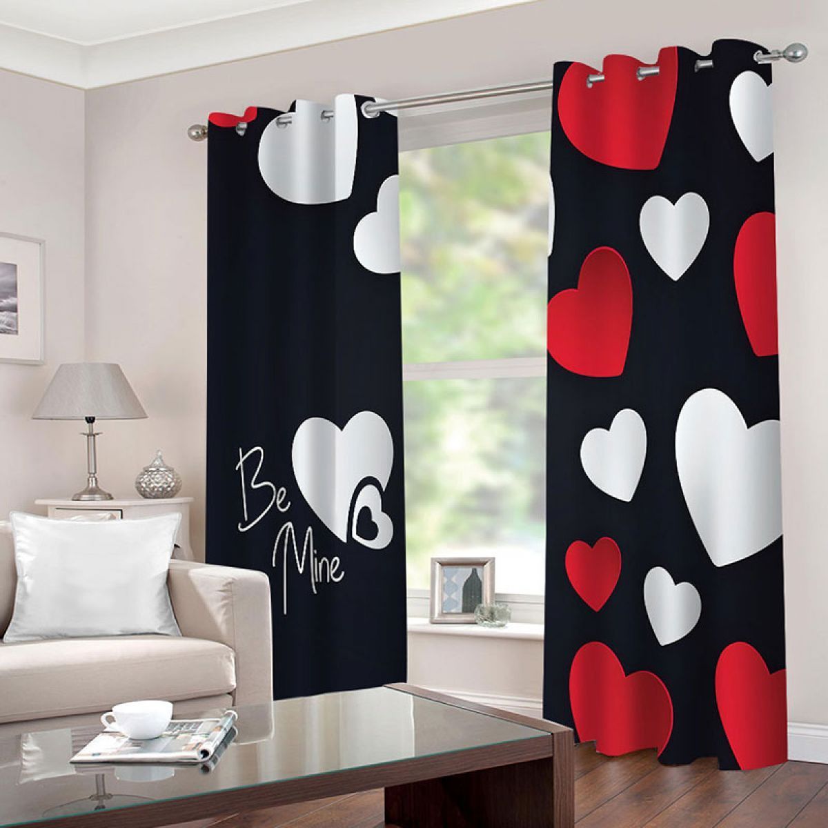 Be Mine Heart Pattern Printed Window Curtain Home Decor