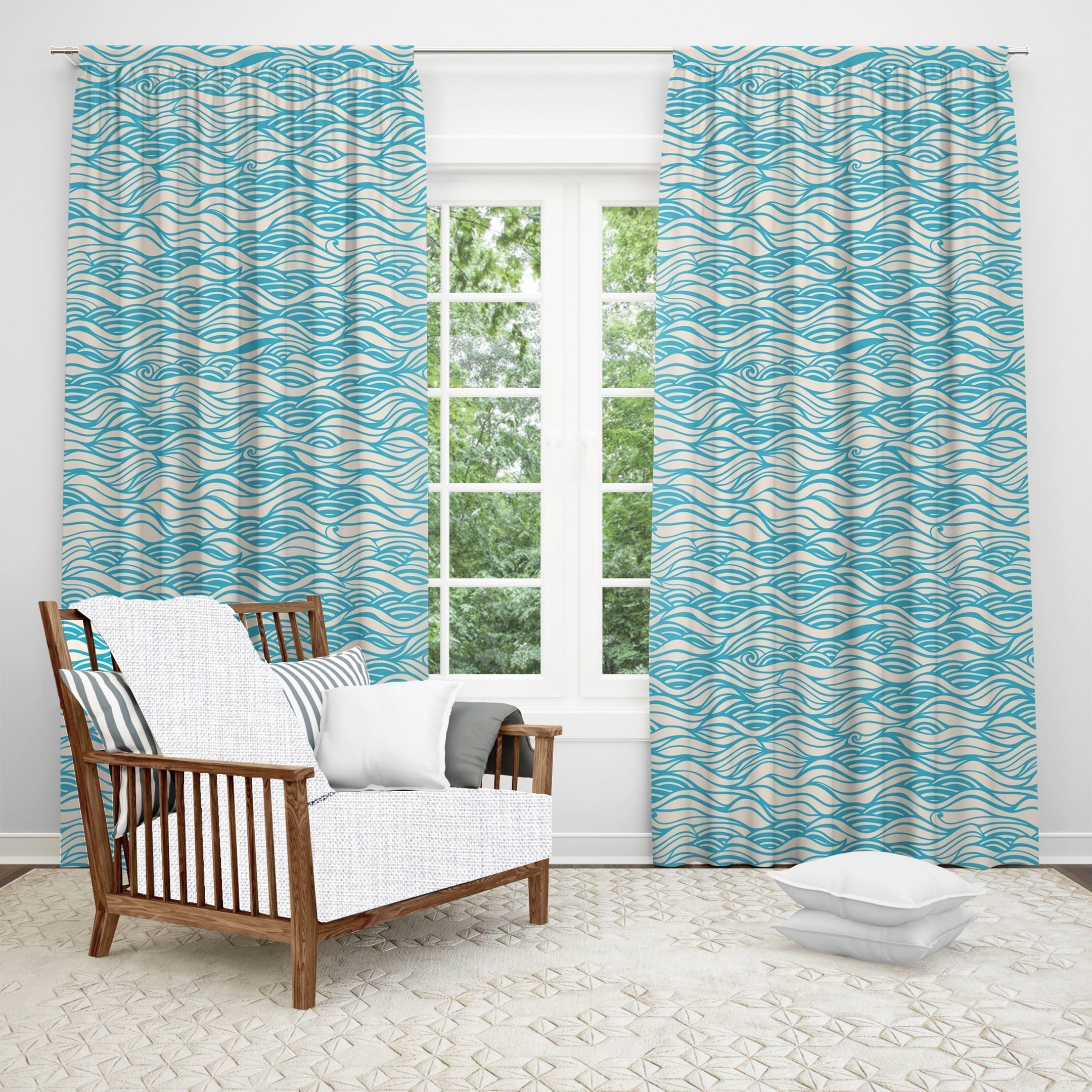 Beach Waves Blue And White Printed Window Curtain Home Decor