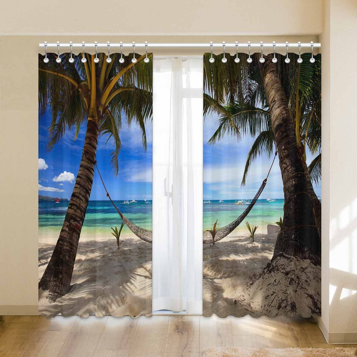 Beach With Coconut Tree Printed Window Curtain