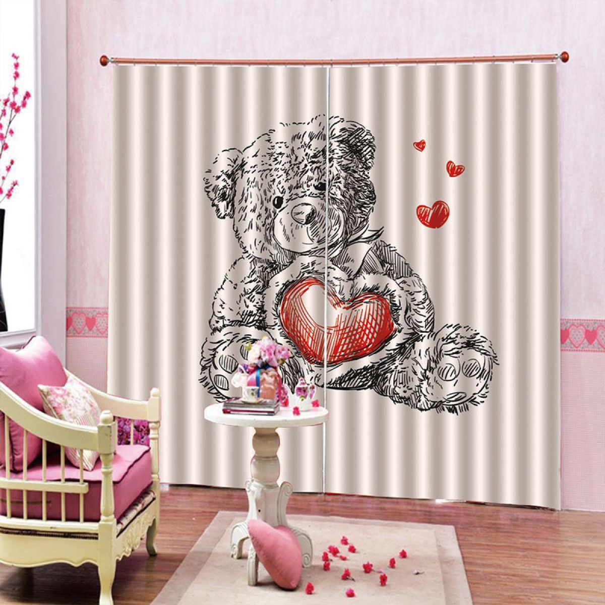 Bear Loving Heart Printed Window Curtain Home Decor