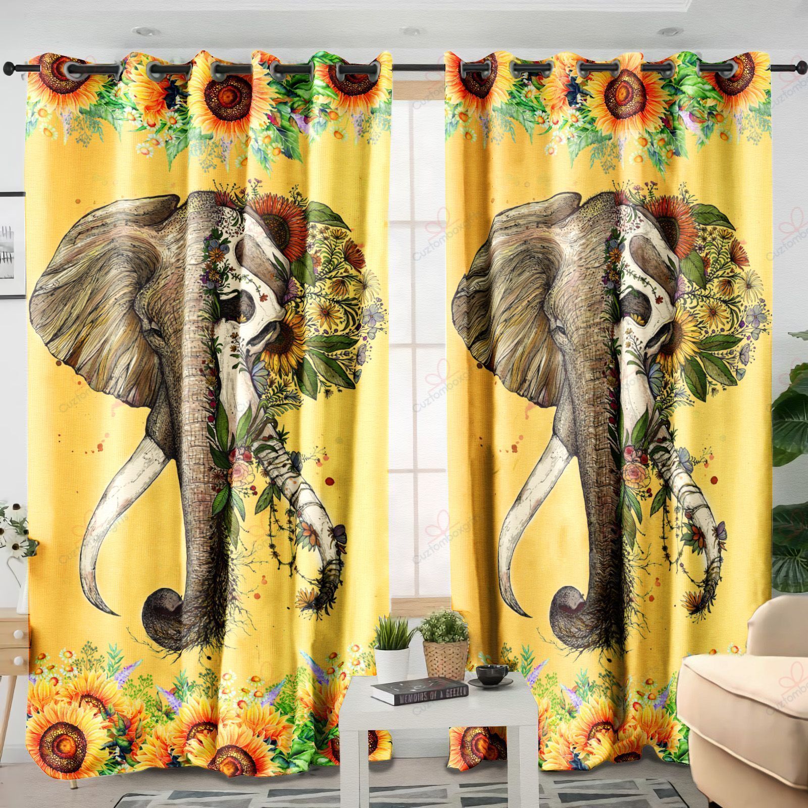 Beautiful Elephant Sunflower Printed Window Curtains Home Decor
