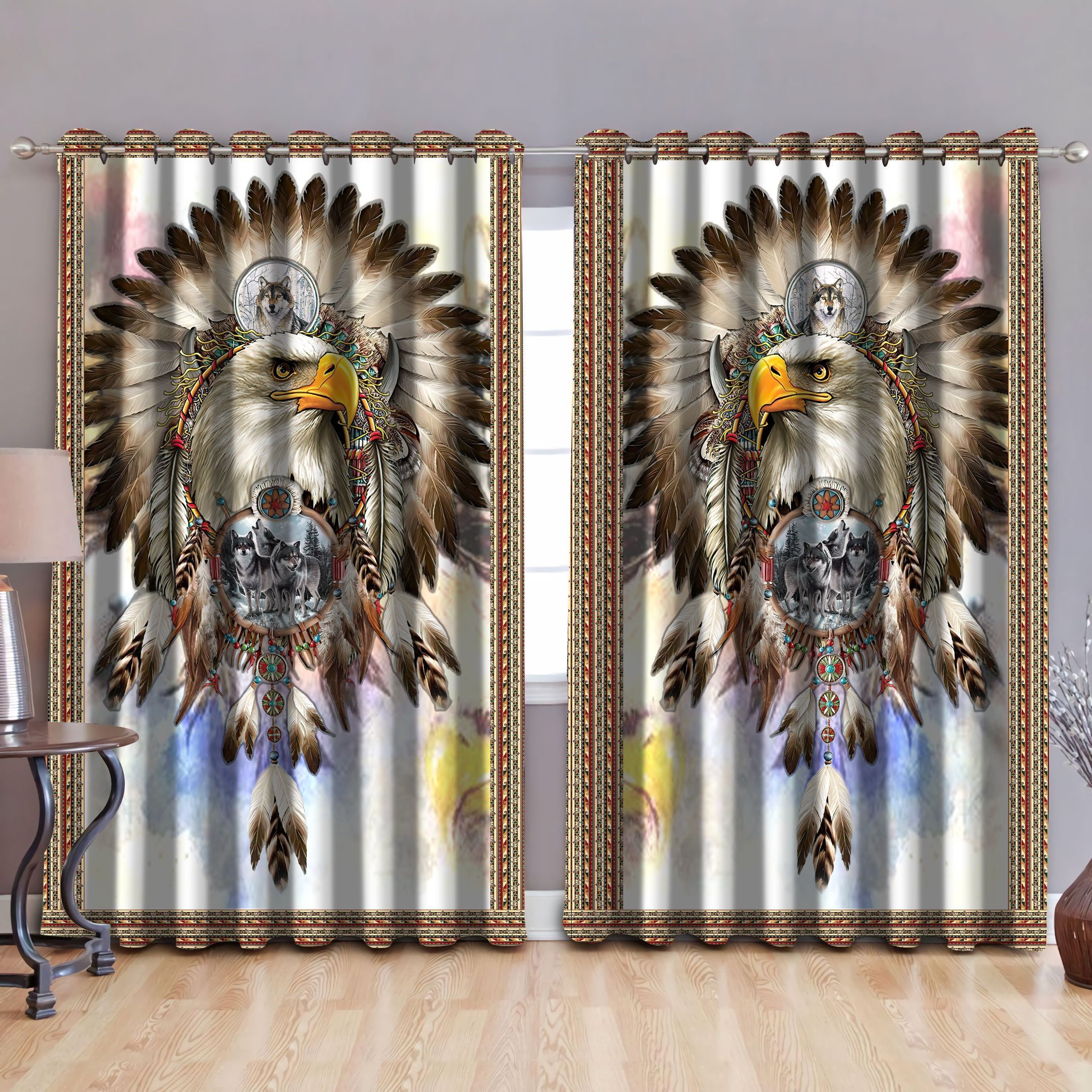 Beautiful Native American Eagle And Grey Wolves Dreamcatcher Printed Window Curtain