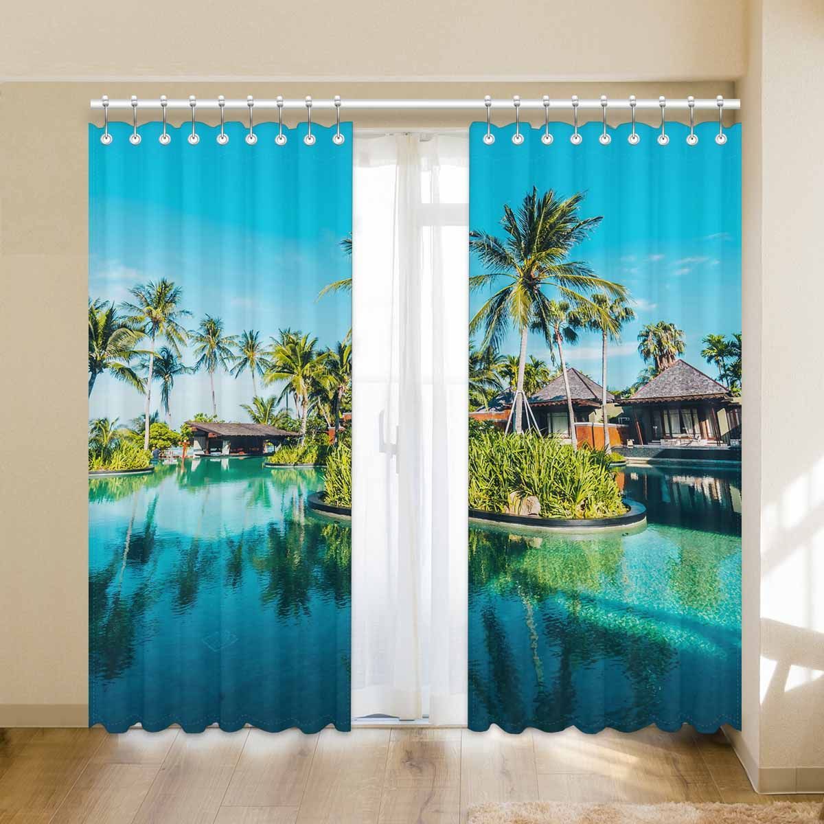 Beautiful Swimming Pool With Coconut Palm Tree Around Sea Printed Window Curtain