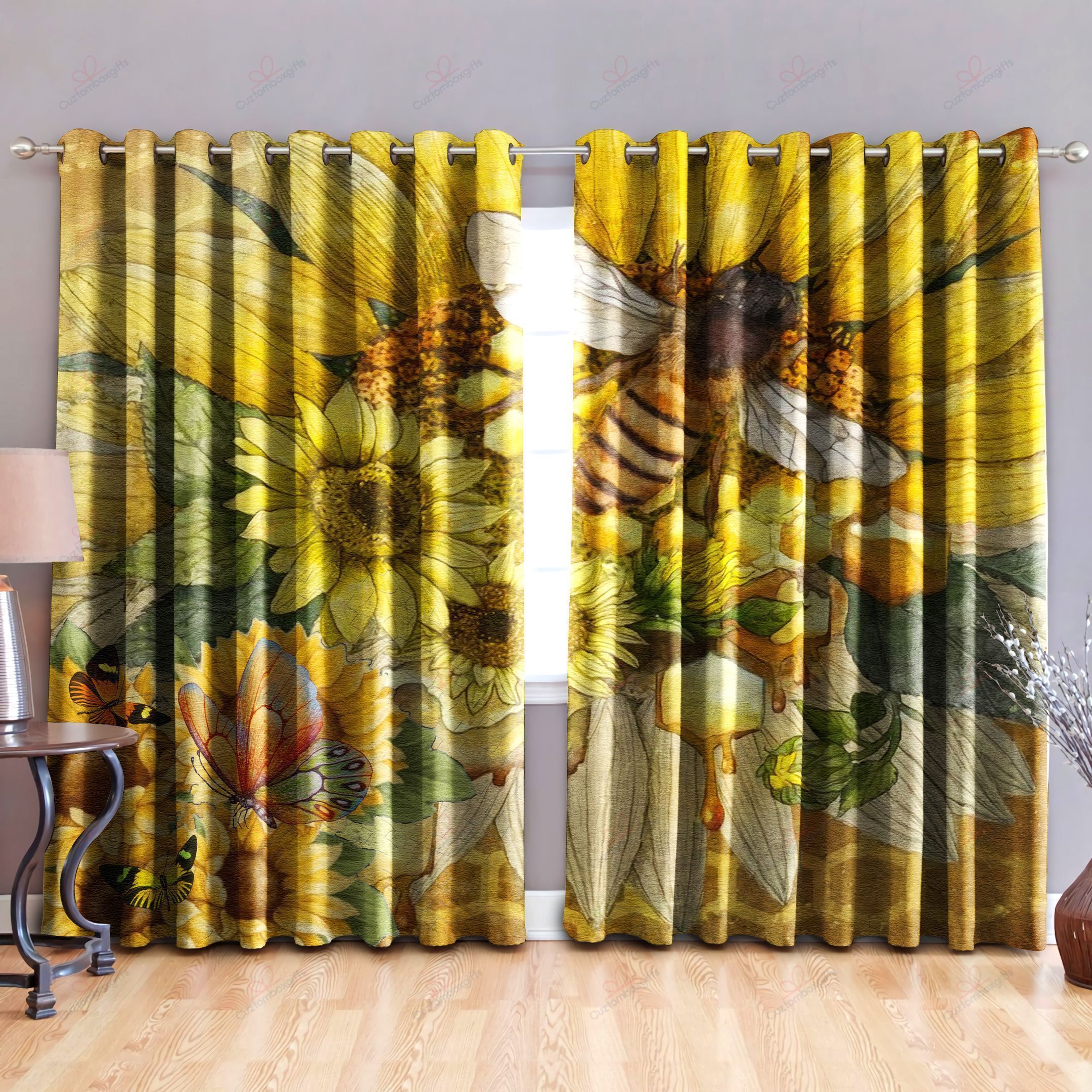 Bee Butterfly Giant Sunflower Printed Window Curtain Home Decor
