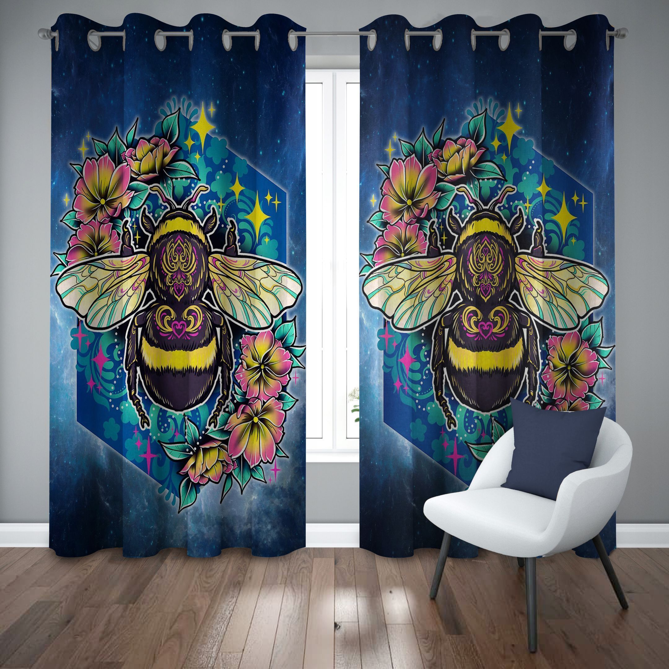 Bee Star Pattern Floral Printed Window Curtain Home Decor