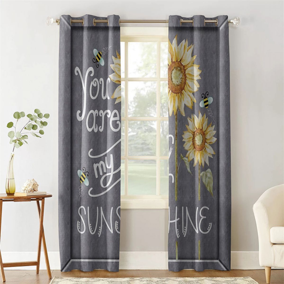 Bees You Are My Sunshine Sunflower Printed Window Curtain Home Decor