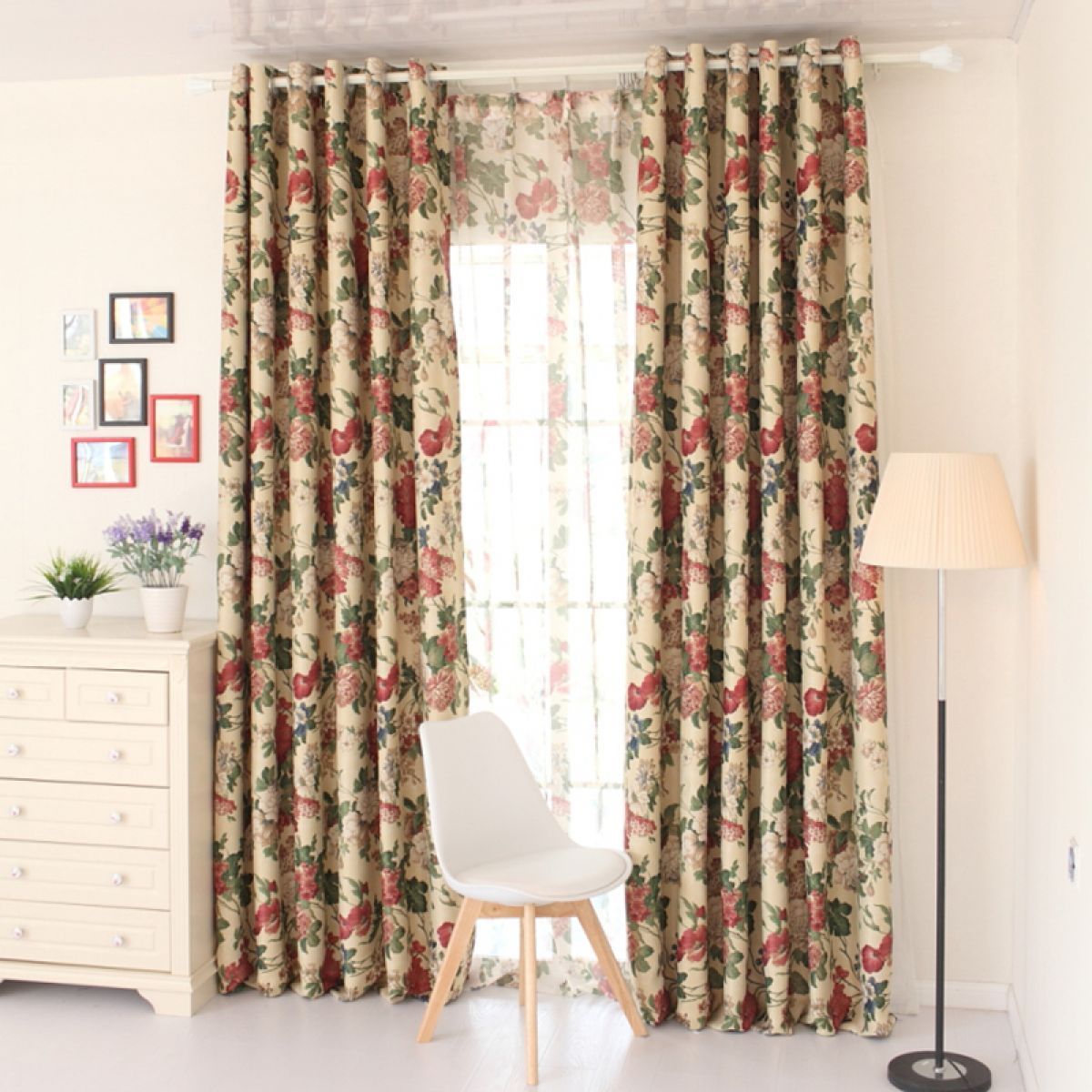 Beige Vintage Flower Printed Window Curtain Home Decor