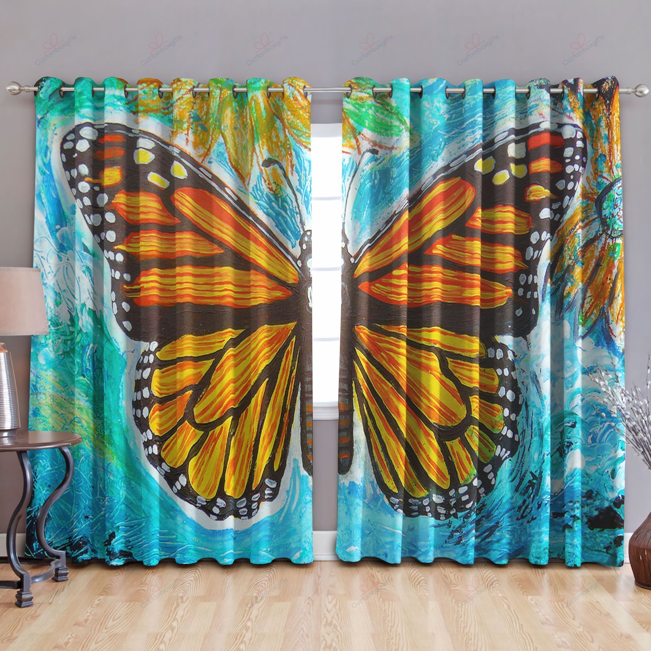 Big Butterfly And Sunflower Printed Window Curtain Home Decor