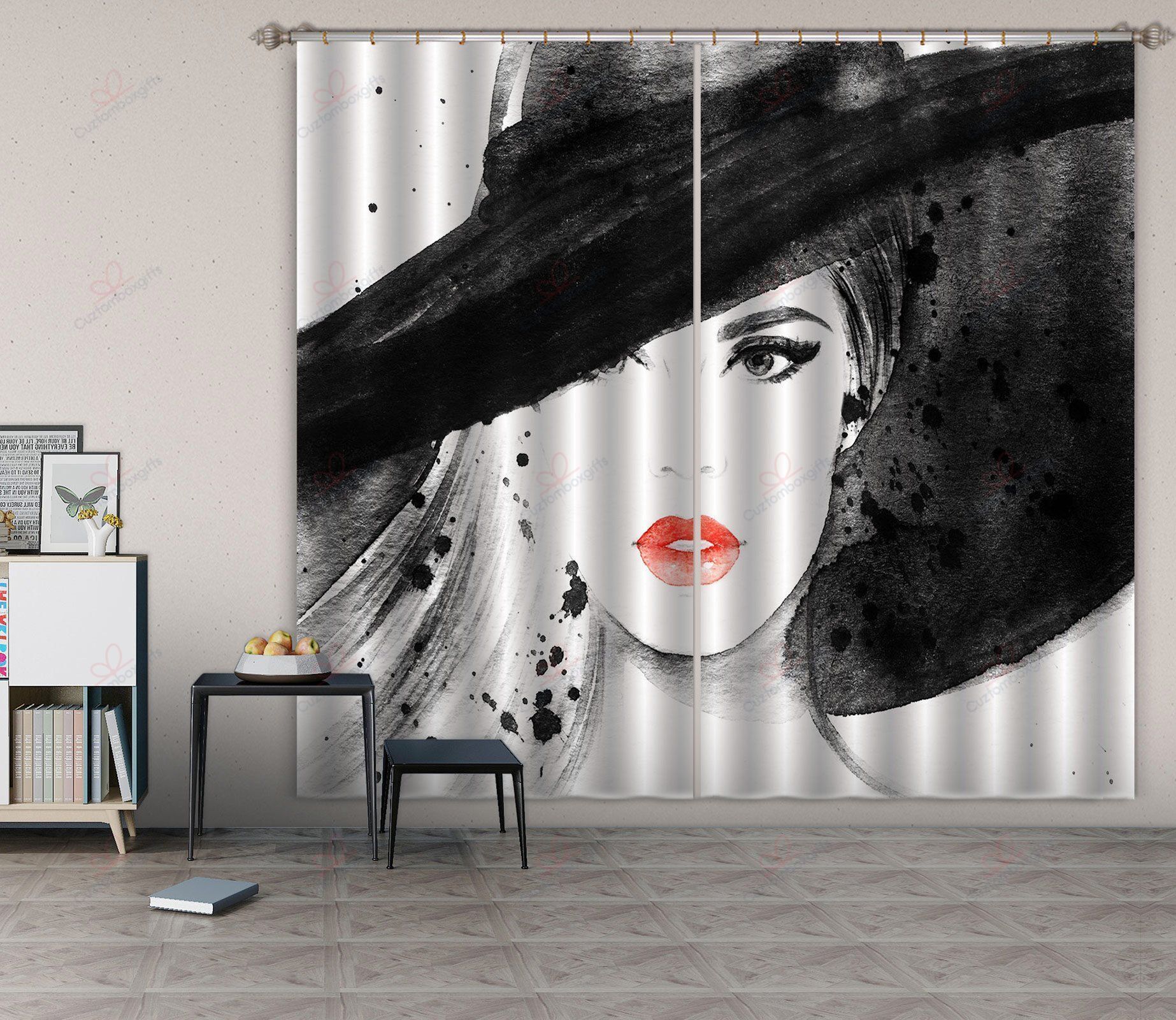 Big Hat Woman Printed Window Curtain Home Decor