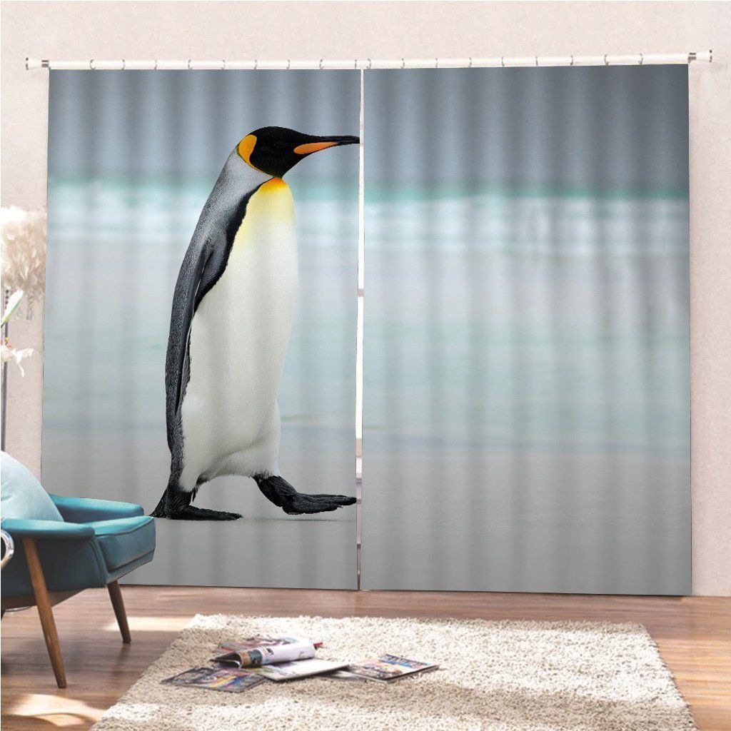 Big King Penguin Going To Blue Water Printed Window Curtain Home Decor
