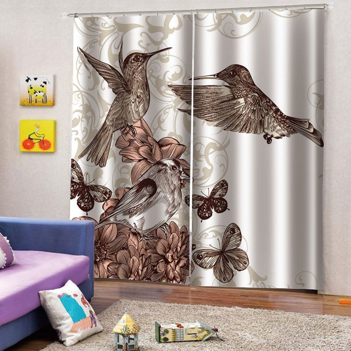 Birds And Flower Printed Window Curtain Home Decor