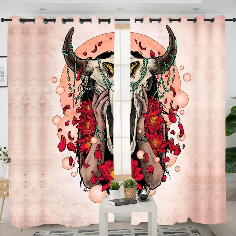 Bison Skull Head Pink Native American Printed Window Curtains Home Decor