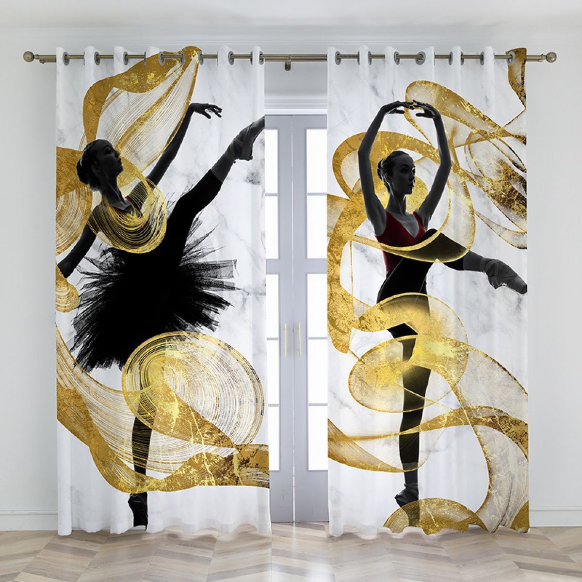 Black And Gold Dancing Woman Printed Window Curtain Home Decor