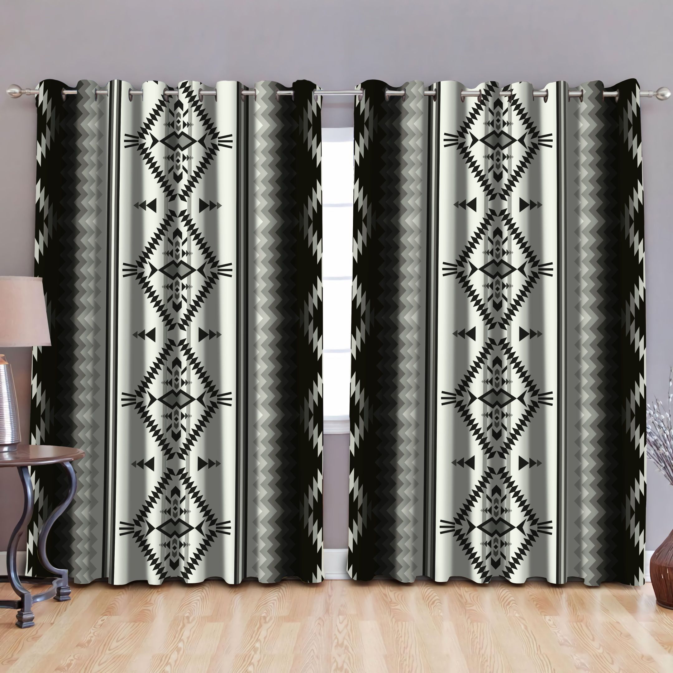 Black And Grey Native American Art Pattern Window Curtains Home Decor