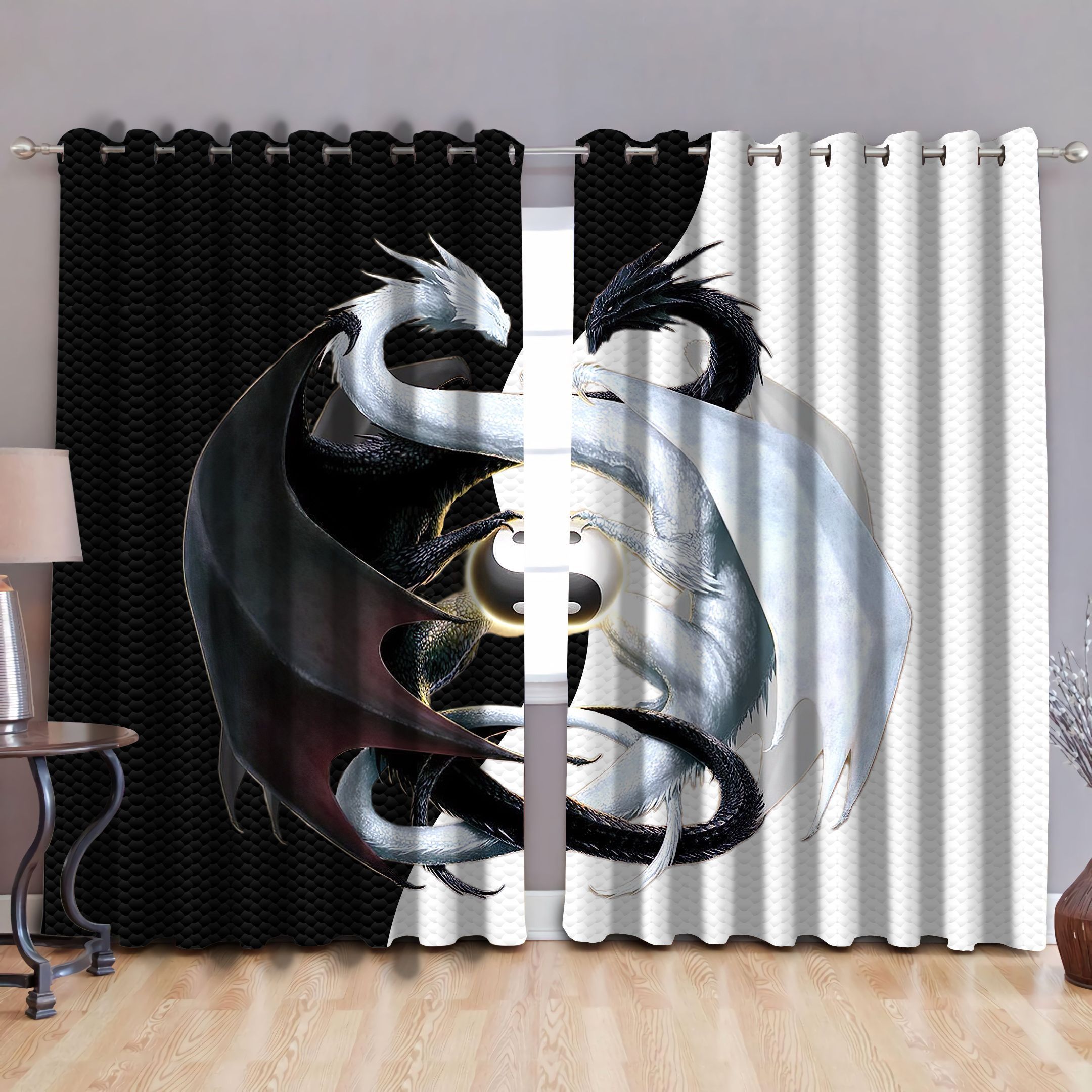 Black And White Dragon Art Printed Window Curtain