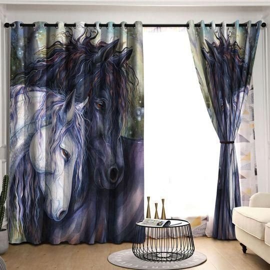 Black And White Horse Falling In Love Printed Window Curtain