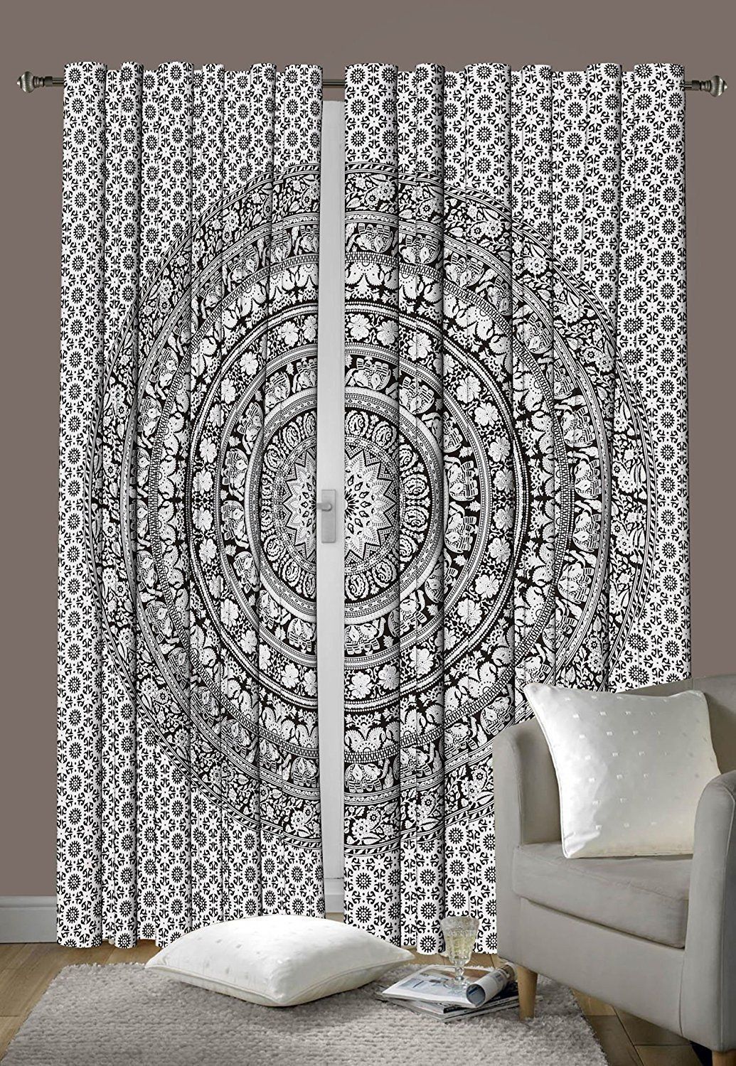 Black And White Mandala Bohemian Printed Window Curtain Home Decor