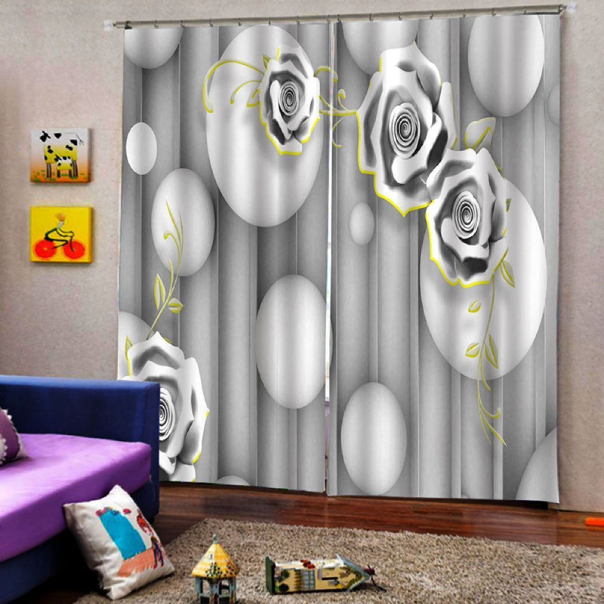 Black And White Rose Printed Window Curtain Home Decor