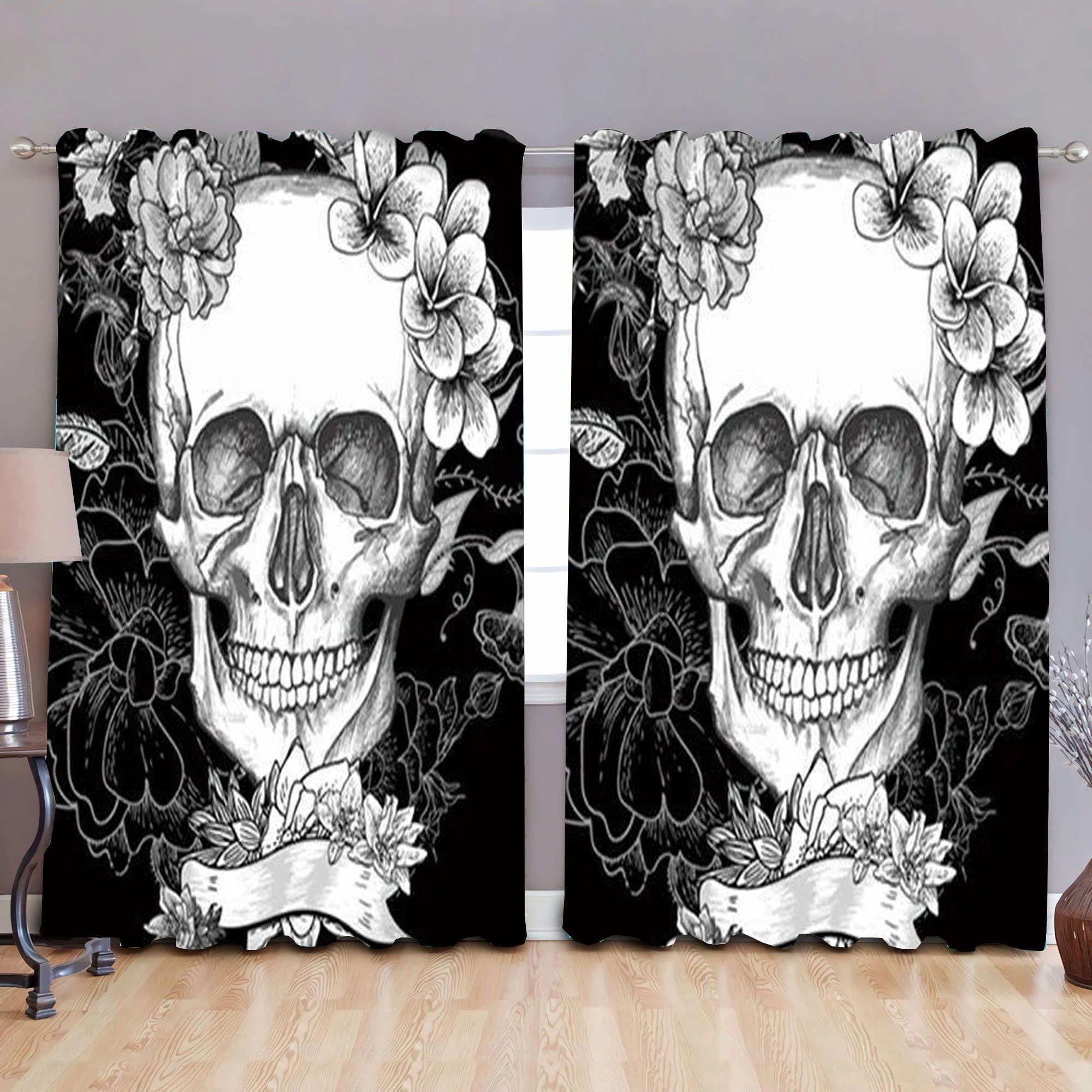 Black And White Skull With Flower Printed Window Curtain