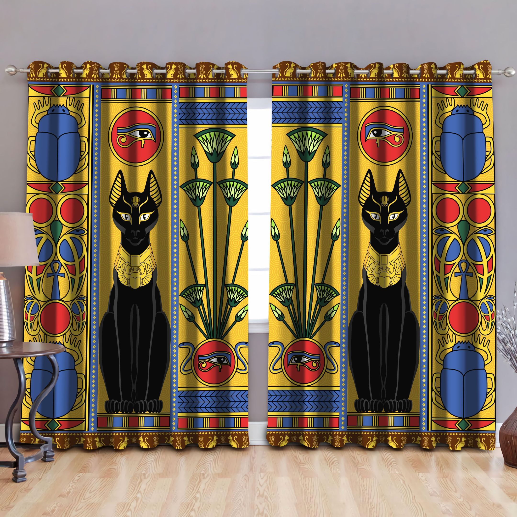 Black Cat Ancient Egyptian Blackout Thermal Grommet Printed Window Curtains Home Decor
