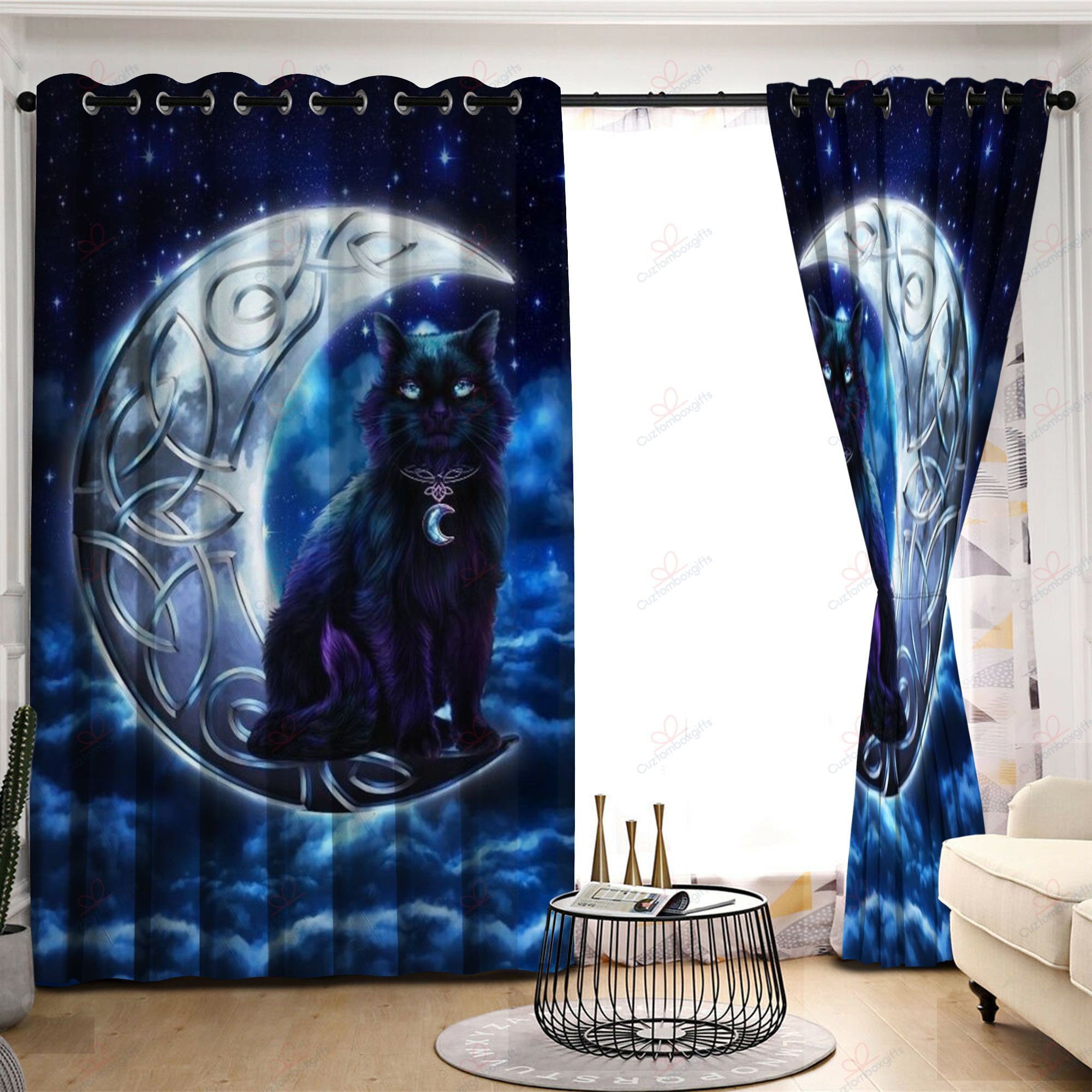 Black Cat Celtic Moon Printed Window Curtain Home Decor