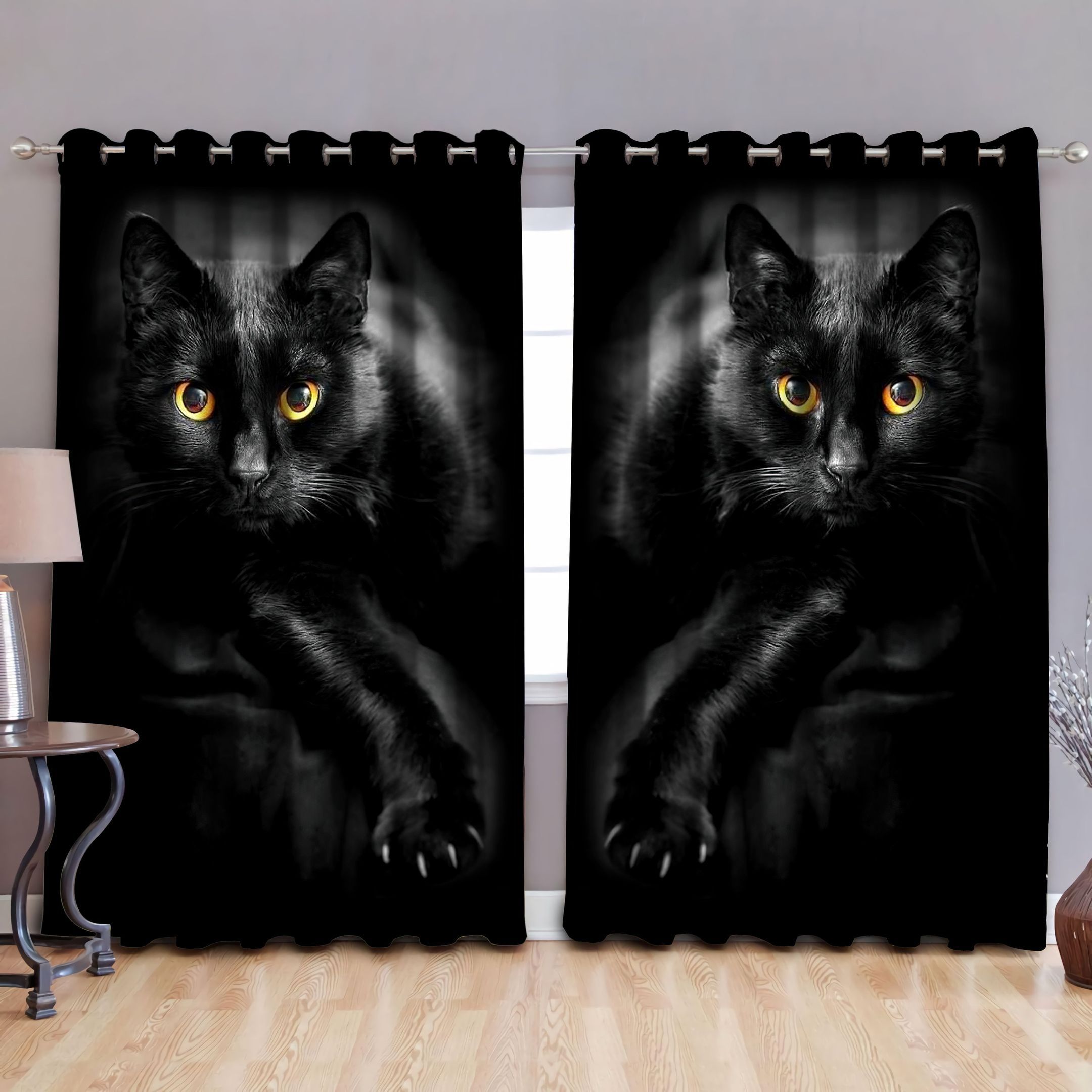 Black Cat Staring Window Curtains Home Decor