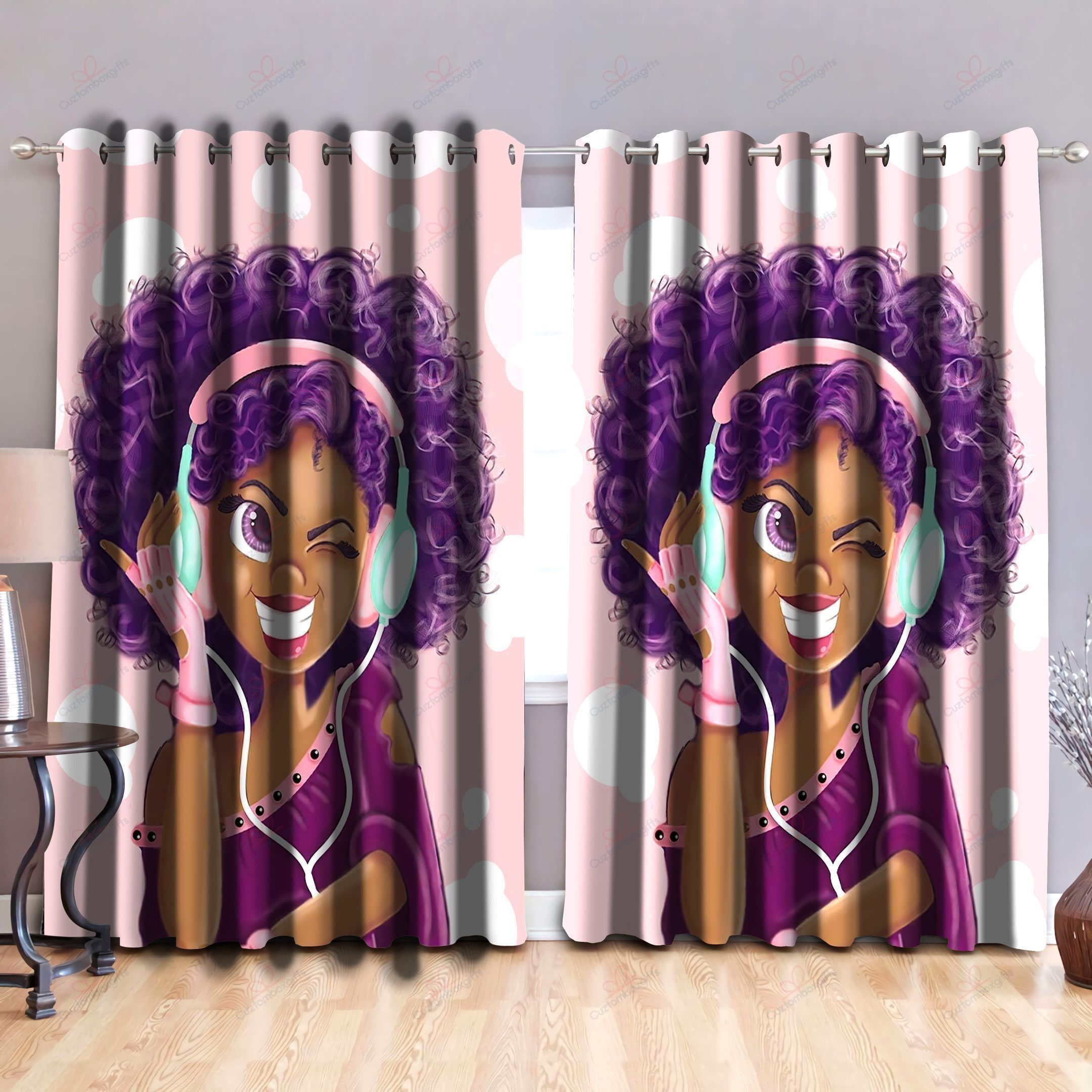 Black Girl Loves Music Printed Window Curtain Home Decor