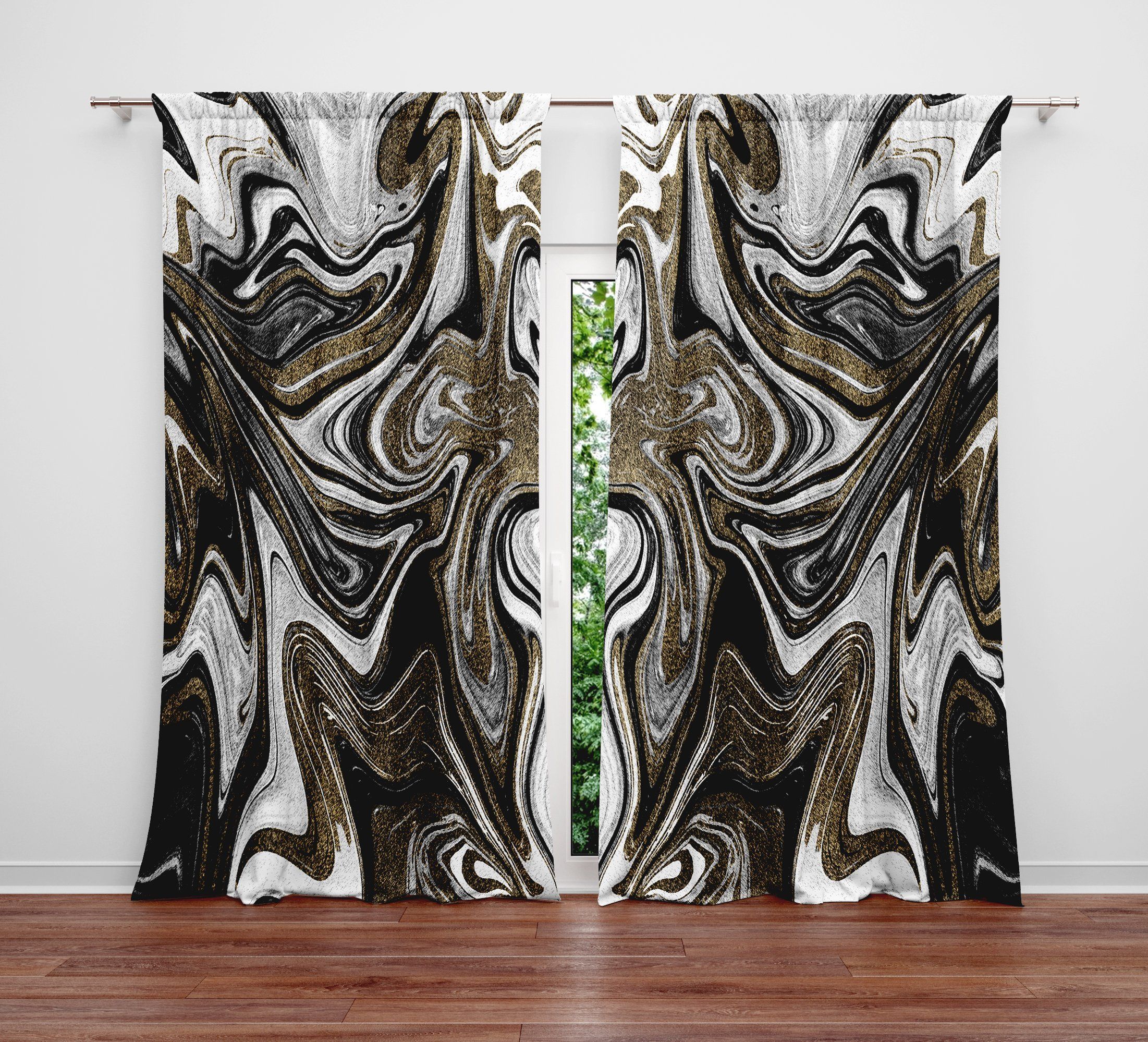Black Gray And Gold Color Swirl Printed Window Curtain