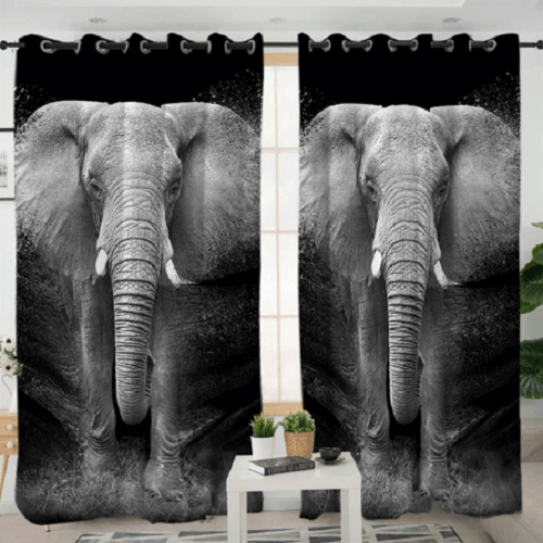 Black White Elephant Printed Window Curtain