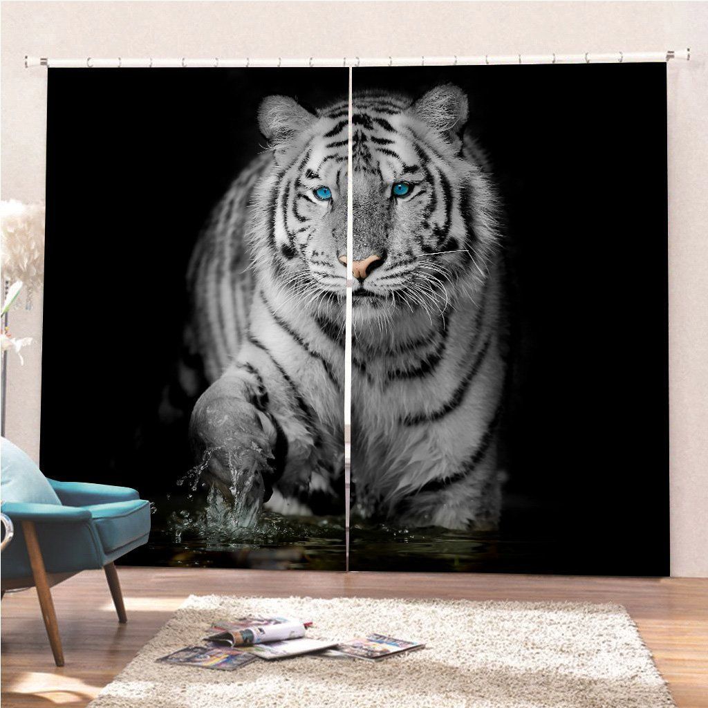 Black White Tiger With Blue Eyes Wild Animal Printed Window Curtain Home Decor