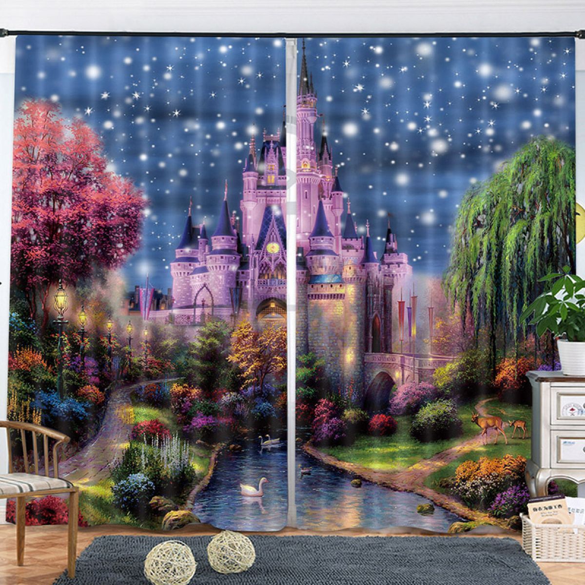 Blue And Purple Fairy Tale World Printed Window Curtain Home Decor