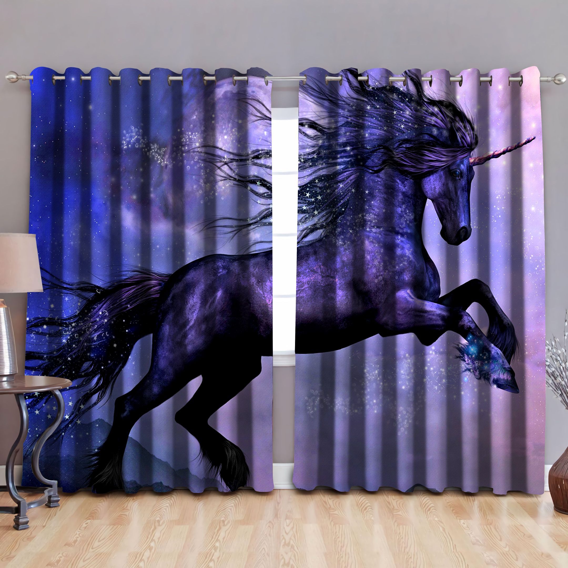 Blue And Purple Miexd Horse Art Printed Window Curtain